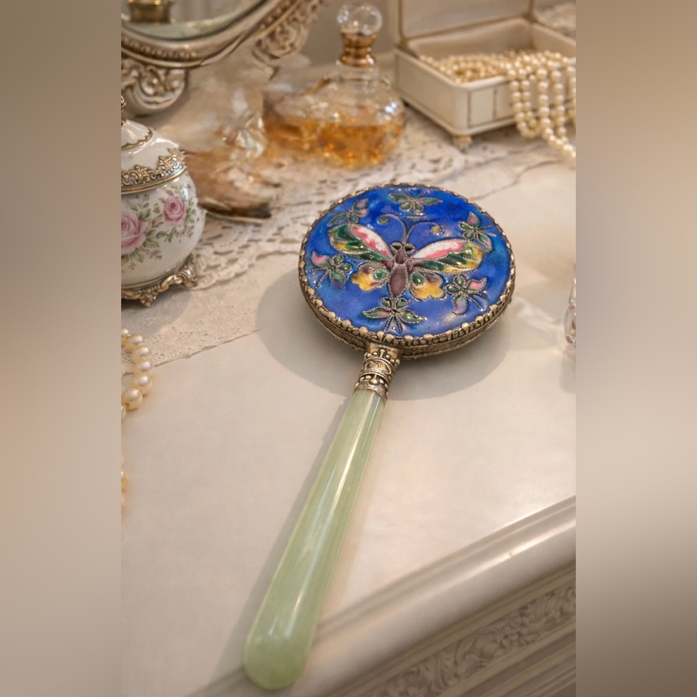 Jade Cloisonné Enamel Ornate Butterfly Vintage Collectible Hand Mirror